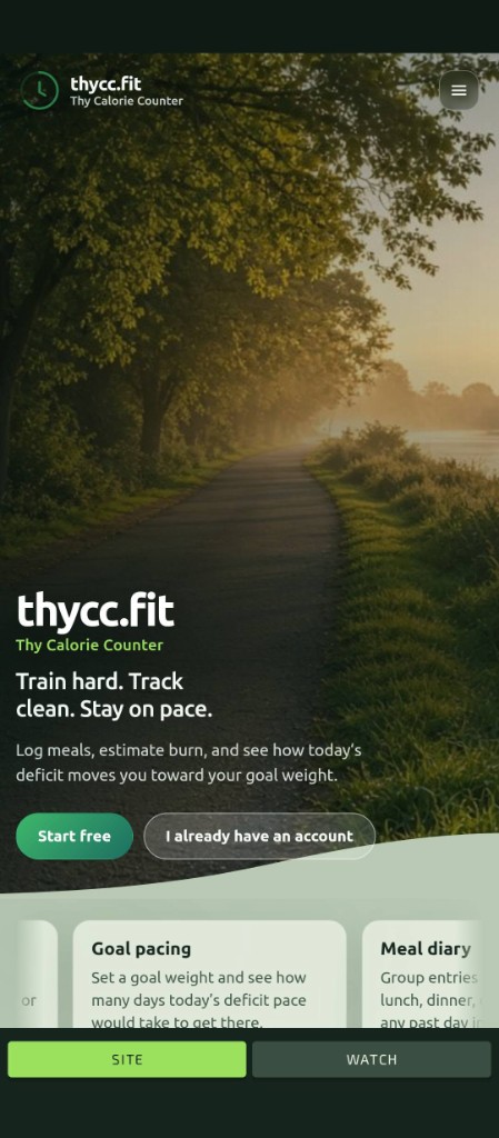 Thycc Watch Android app Site tab showing the thycc.fit homepage in a WebView with Site and Watch bottom tabs