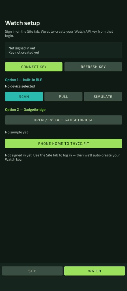 Thycc Watch Android app Watch setup tab with Connect tokens, BLE scan, and Phone home to thycc.fit