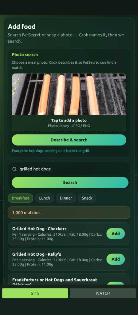 thycc.fit Photo search: barbecue hot dogs described by Grok as grilled hot dogs with FatSecret matches