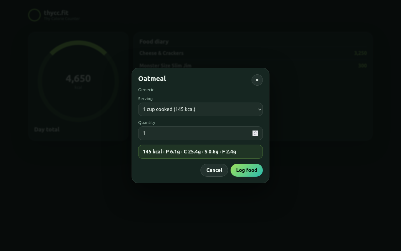 Log food dialog for oatmeal with serving, quantity, and macro summary