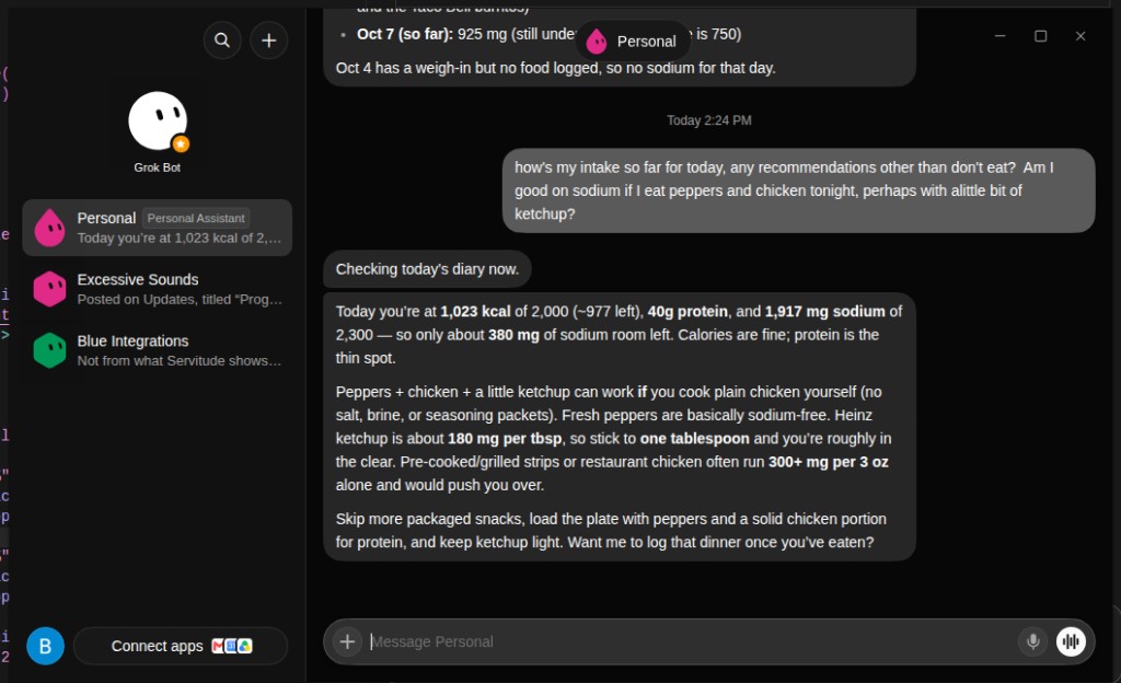 Grok Bot chat reading today’s thycc diary — calories, protein, and sodium, plus a dinner recommendation for peppers, chicken, and ketchup