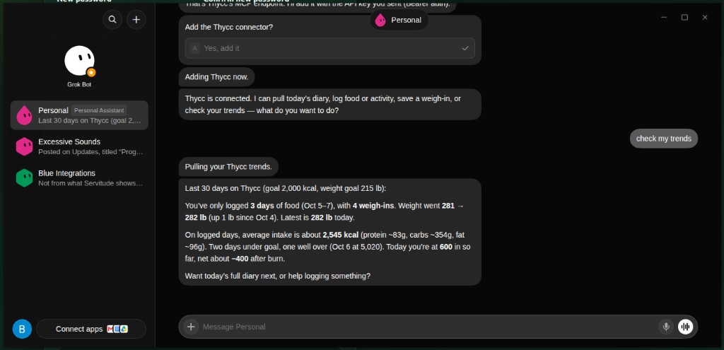 Grok Bot chat with Thycc connected, showing last 30 days of calorie, weight, and macro trends pulled from thycc.fit