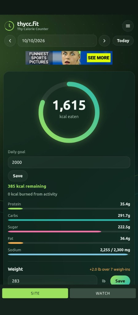 thycc.fit tracker on phone showing calorie ring, daily goal, and remaining calories